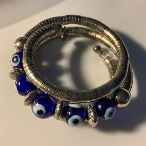 Silver Coil Evil Eye Bracelet/Choker – Blue Glass Beads, Wrap Style, Adjustable - Picture 1 of 9